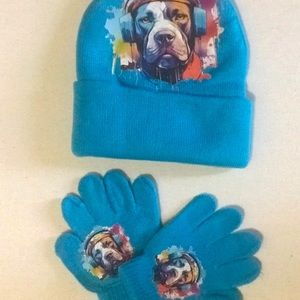Childrens Boys Girls Pitbull Dog Cartoon Blue Knot Winter hat gloves set